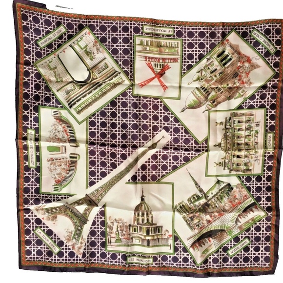 JOSSELYNE Scarf Souvenir France Paris 26" x 26" Square Deep Purple Green Beige - Picture 1 of 8